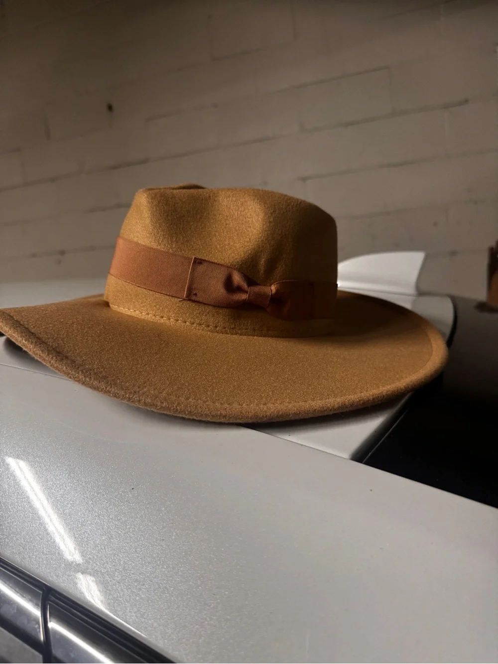 Classic Camel Felt Wide-Brim Hat with Ribbon Trim